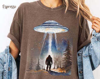 Sasquatch Alien Comfort Colors® Shirt, Bigfoot Camping Tee, Cryptid Forest Graphic, Funny UFO Abduction Shirt, Wilderness Adventure T-Shirt