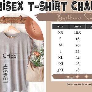 May include: Unisex t-shirt size chart with measurements in inches. The chart shows the chest and length measurements for sizes XS, S, M, L, XL, 2XL, and 3XL.