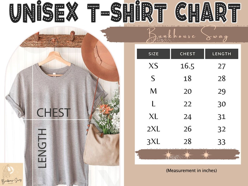 May include: Unisex t-shirt size chart with measurements in inches. The chart shows the chest and length measurements for sizes XS, S, M, L, XL, 2XL, and 3XL.