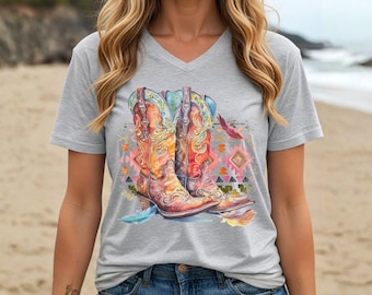 Colorful Retro Cowboy Boots V-Neck Tee, Western Style Shirt, Boho Fashion Top, Country Music Lover Gift, Summer Outfit, Festival Wear