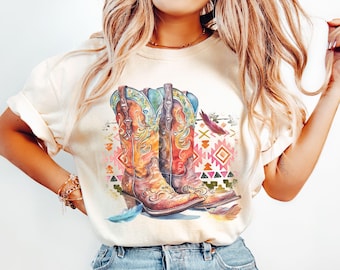 Retro Cowboy Boot Boho Comfort Colors® Country Concert Tee, Western Graphic Tee for Women, Oversized Graphic Tee, Cute Country Cowgirl Shirt