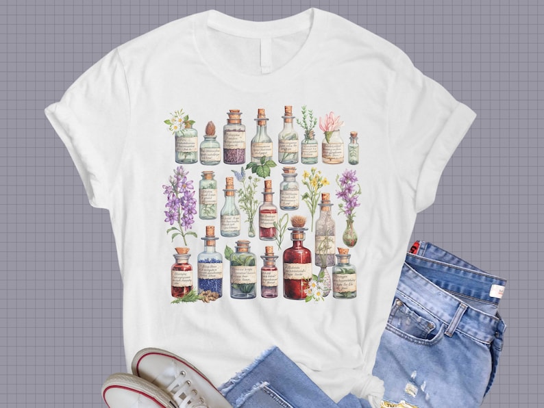 May include: White t-shirt with a vintage illustration of various glass bottles filled with colorful liquids and surrounded by flowers and plants.