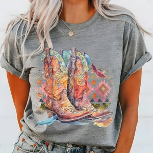 Boho Retro Cowboy Boot Tribal T Shirt For Cowgirl Gift For Friend Vintage Western Tee Bohemian Country Vibe Feather Wild West Rodeo TShirt
