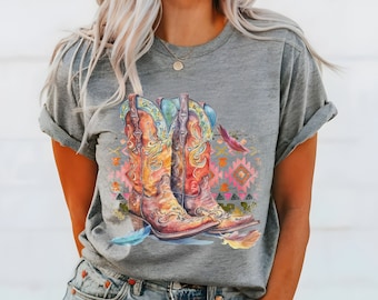 Boho Retro Cowboy Boot Tribal T Shirt For Cowgirl Gift For Friend Vintage Western Tee Bohemian Country Vibe Feather Wild West Rodeo TShirt