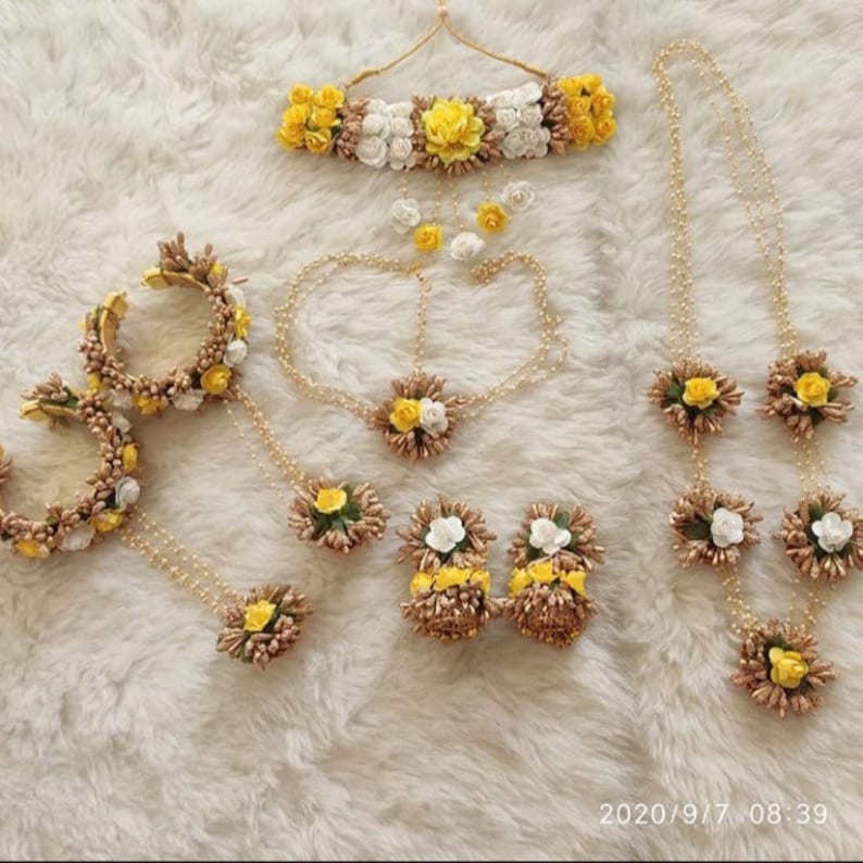 Mehendi and Baby Show Functions Beautiful Set of Floral Jewelry in Yellow Color For Haldi
