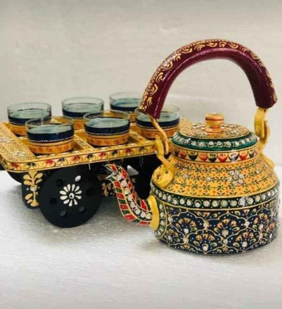 Tea set Multicolor kettle indian tea set Indian Tea pot Indian hand art