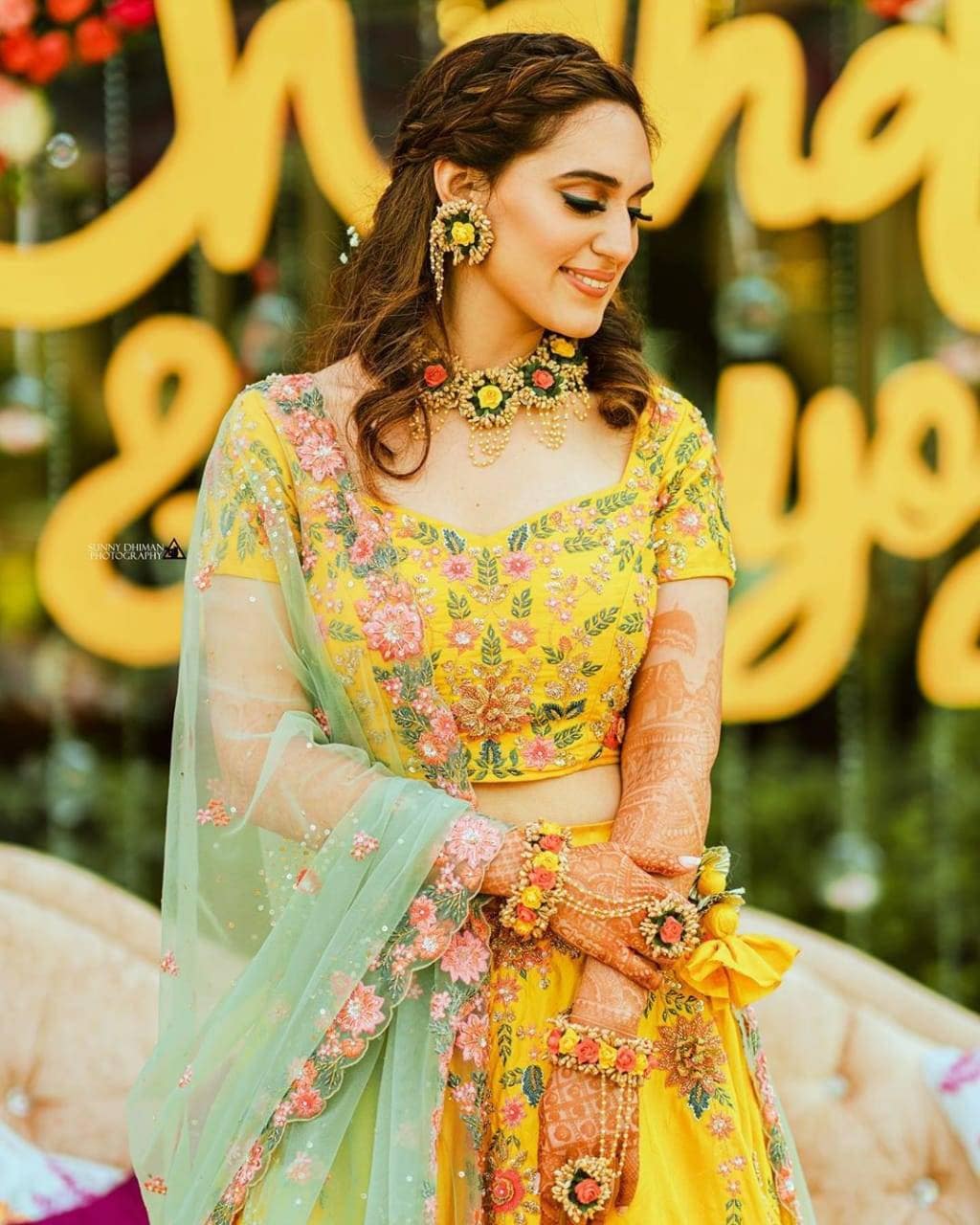 Flower Jewellery On Yellow Dress Yellow Dress For Haldi For Bride