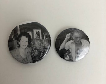 Charles Bukowski Pinback Button Pin Lot 2, Linda King Bukowski Bust and Bukowski Barbet Schroeder Interview, 1” and 1.25”