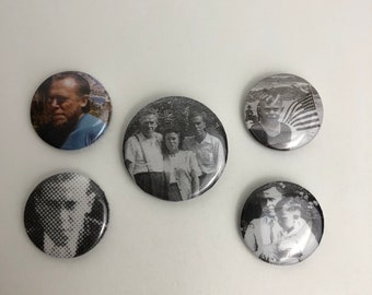 Charles Bukowski Pinback Button Pin Lot of 5, 1” and 1.25”, Young Bukowski to Older Bukowski, Including His Mother and Father