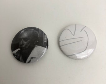 Charles Bukowski Pinback Button Pin Lot of 2, Bukowski Drinking Beer and Bukowski Drawing of a Bottle of Alcohol, 1 inches