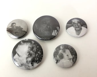 Charles Bukowski Pinback Buttons Pin Lot of 5, Pictures of Old and Young Bukowski, and The Bukowski Tapes Interview, 1 and 1.25 Inches