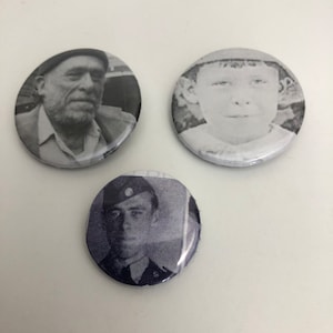 Charles Bukowski Pinback Buttons Pin Lot 3, Bukowski Young and Old, 1.25 inches and 1 inch