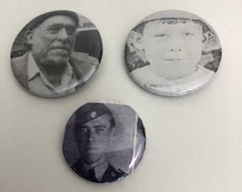 Charles Bukowski Pinback Buttons Pin Lot 3, Bukowski Young and Old, 1.25 inches and 1 inch