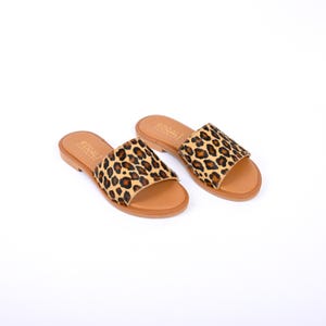 MYRTO Leather Slide Sandals, Comfort Sandals, Beige Suede Sandals, Black Suede Sandals- Genuine Leather, Handmade, Greek & Italian Leather Leopard
