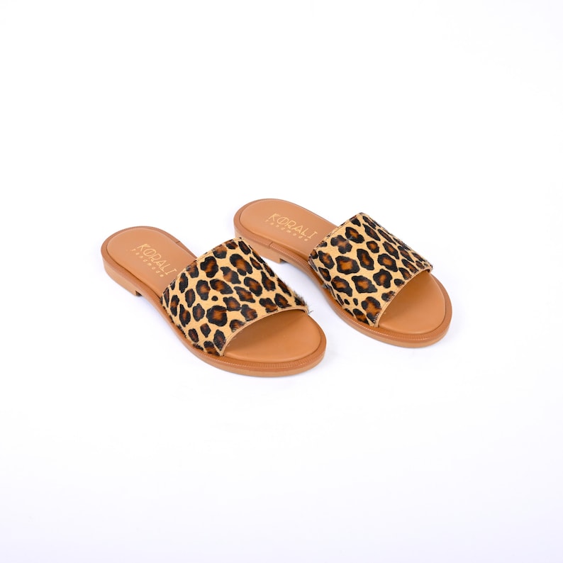MYRTO Leather Slide Sandals, Comfort Sandals, Beige Suede Sandals, Black Suede Sandals- Genuine Leather, Handmade, Greek & Italian Leather Leopard