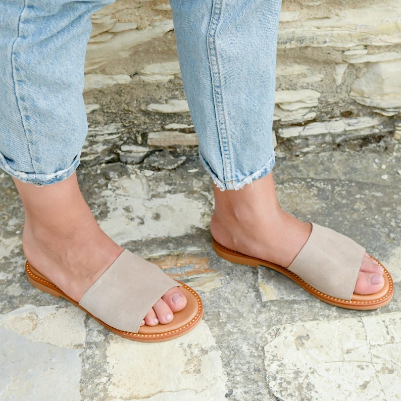 MYRTO Leather Slide Sandals, Comfort Sandals, Beige Suede Sandals, Black Suede Sandals- Genuine Leather, Handmade, Greek & Italian Leather image 3