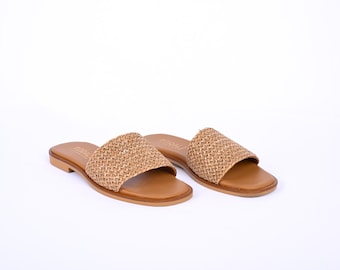 MARGARITA Raffia Slide Sandals, Chic Summer Beach Flats for Women, Trending Footwear, Holiday Summer Slides for Women