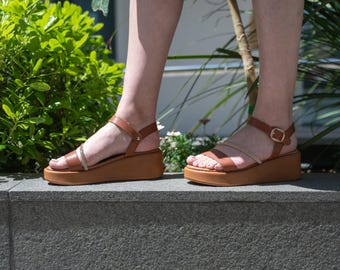 Sandálias plataforma com tiras enfeitadas MARITINA, sandálias femininas, feitas à mão, sandálias gregas femininas, sandálias de verão confortáveis com tira ajustável