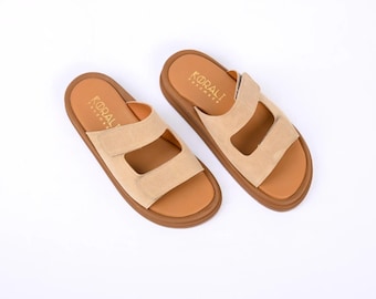 NERINA Sandali comodi con doppia fibbia in pelle scamosciata da donna, sandali con cinturino in pelle, sandali fatti a mano, sandali greci da donna