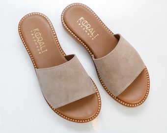 MYRTOレザースライドサンダル、コンフォートサンダル、ベージュスエードサンダル、ブラックスエードサンダル - 本革、ハンドメイド、ギリシャ＆イタリアレザー