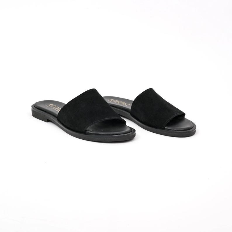 MYRTO Leather Slide Sandals, Comfort Sandals, Beige Suede Sandals, Black Suede Sandals- Genuine Leather, Handmade, Greek & Italian Leather image 9