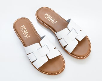 TERPSI Leather Slide Sandals, Comfort Sandals - White Sandals, Black Sandals - Greek Sandals - Genuine Leather, Handmade Sandals