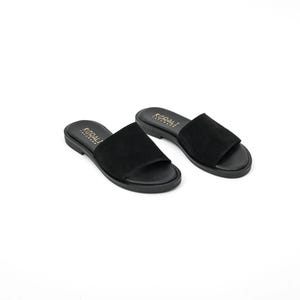 MYRTO Leather Slide Sandals, Comfort Sandals, Beige Suede Sandals, Black Suede Sandals- Genuine Leather, Handmade, Greek & Italian Leather Black