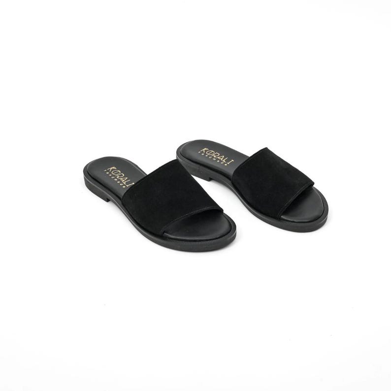 MYRTO Leather Slide Sandals, Comfort Sandals, Beige Suede Sandals, Black Suede Sandals- Genuine Leather, Handmade, Greek & Italian Leather Black