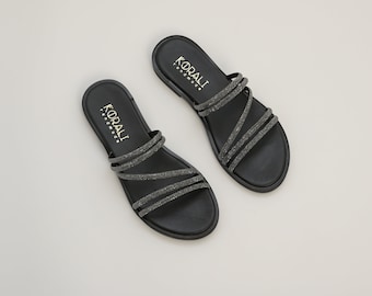 AIMILIA Flat sandals, Rhinestone leather sandals, Greek leather sandals, summer shoes, Greek sandals