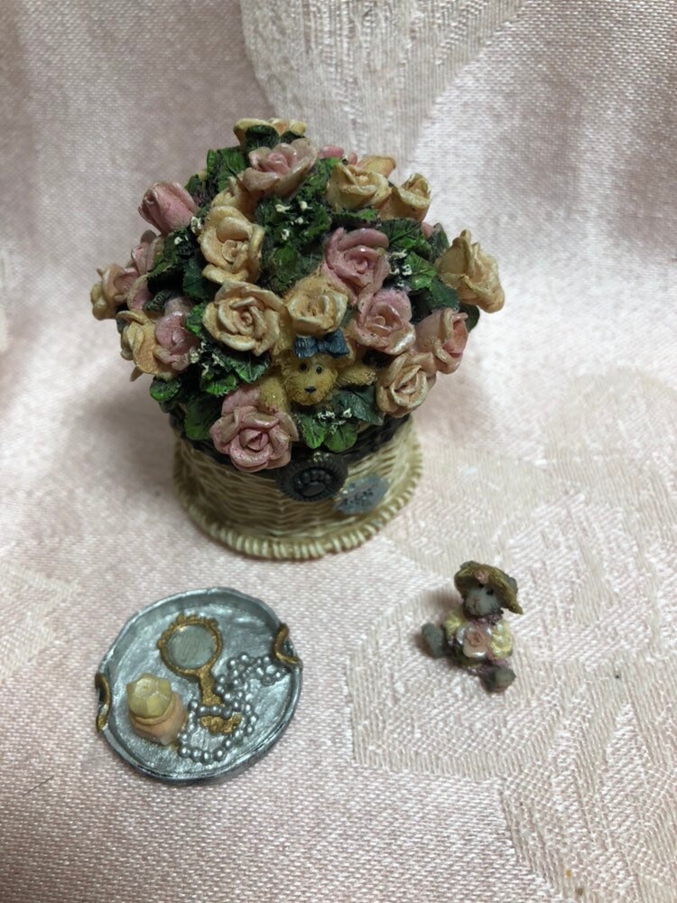 Vintage Boyds Bear Treasure Box ~ Pinkie's Flower Basket With Rose
