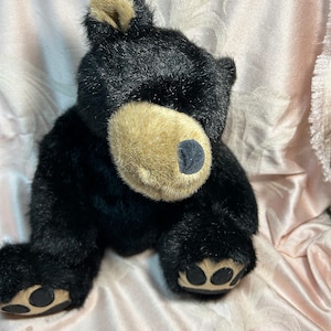 Puede incluir: Un oso de peluche negro con pelaje marrón en la cara, las orejas y las patas. El oso está sentado en una manta rosa.