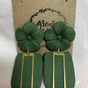 Handmade Green Flower Dangle Polymer Clay Earrings