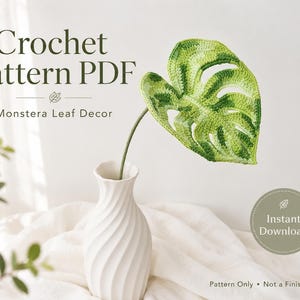 May include: A crochet pattern PDF for a monstera leaf decor. The image features a single crocheted monstera leaf in variegated shades of green, displayed in a white vase. Text includes Crochet Pattern PDF, Monstera Leaf Decor, and Instant Download.