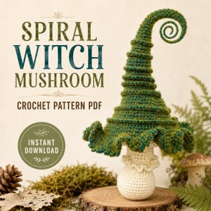 Spiralhäxa och svamp virkmönster PDF, nyckfull amigurumi heminredningshandledning, engelska amerikanska termer, omedelbar nedladdning