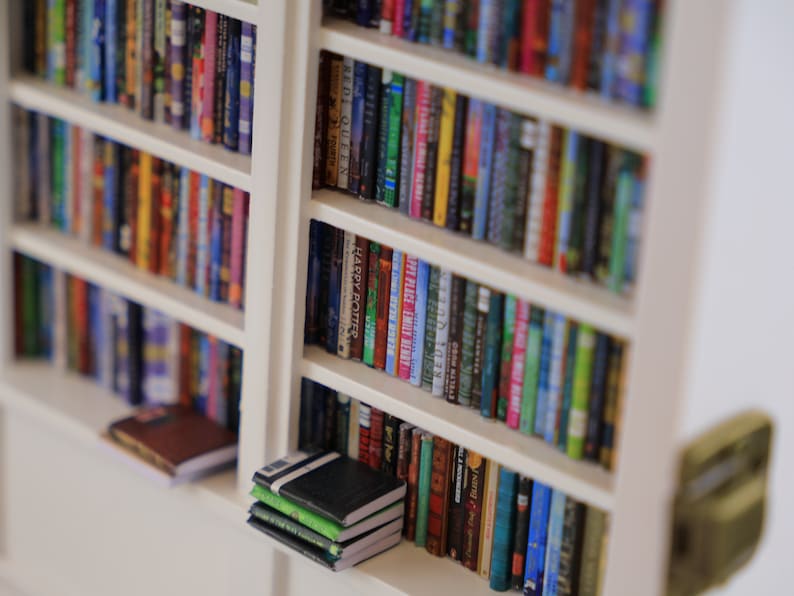 Może przedstawiać: Biała biblioteczka wypełniona kolorowymi książkami. Książki są uporządkowane według koloru i rozmiaru. Biblioteczka jest wykonana z drewna i ma prosty design.