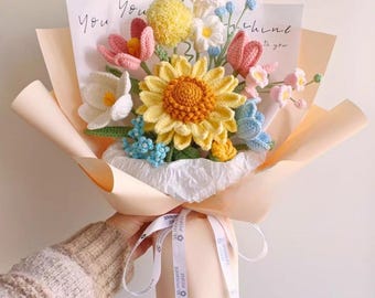 Handmade Crochet Graduation Bouquet with Knitted Graduate Plush & Sunflowers, UK/US Gift for Graduates, Eternal Floral Keepsake