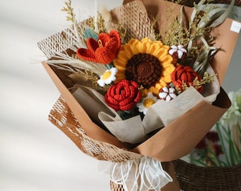 Crochet Flowers Bouquet, Sunflower Bouquet,Valentine&#39;s Day bouquet, handmade Valentine&#39;s Day gift, Home Decoration,Desk Decoration