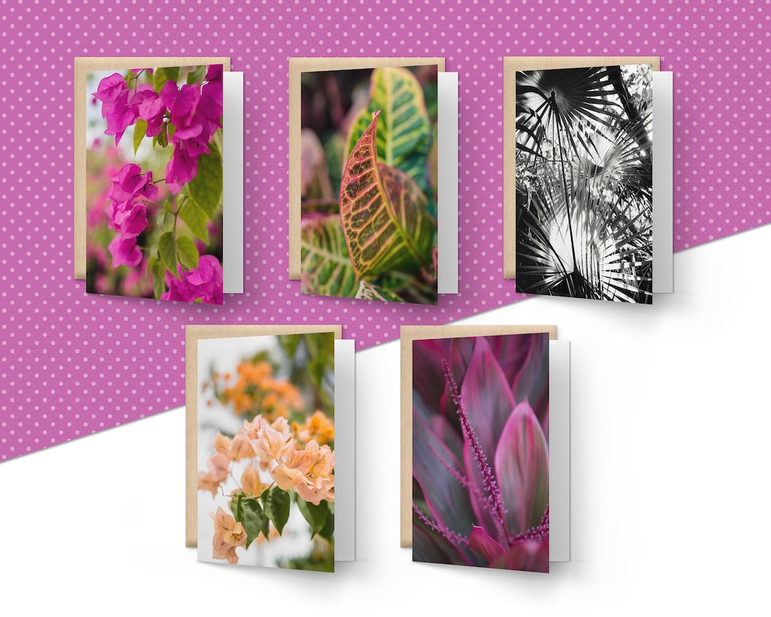 Set of 5 Blank Assorted Greeting Cards With Envelopes, Tropical Flowers ...