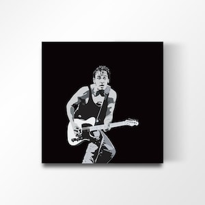 May include: A black and white illustration of a person playing a white electric guitar. The person is wearing a black tank top and jeans.