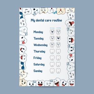 Horario de cuidado dental imprimible para niños, tabla de cepillado de dientes para niños, descarga en tamaño A4, sistema de recompensas para niños pequeños, póster