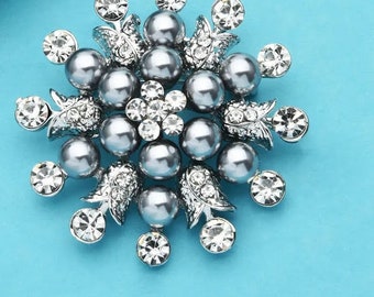 Brosche ,Vintage,graue Perlen und große Straßsteine, Valentinstag