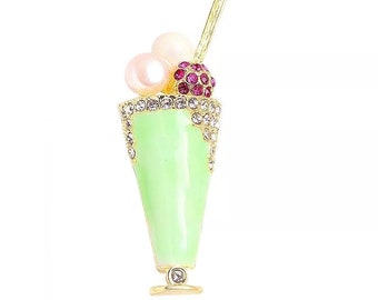 Brooch, ice cream sundae, summer brooch, ice cream sundae, summer brooch, green enamelled with rhinestones.