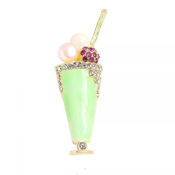 Brooch, ice cream sundae, summer brooch, ice cream sundae, summer brooch, green enamelled with rhinestones.