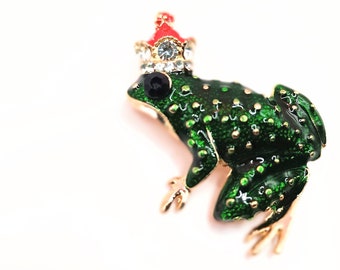 Froschkönig, Brosche ,Märchenfigur,Vintage Schmuck,grüner Frosch mit Krone,Geschenkidee,Valentinstag,