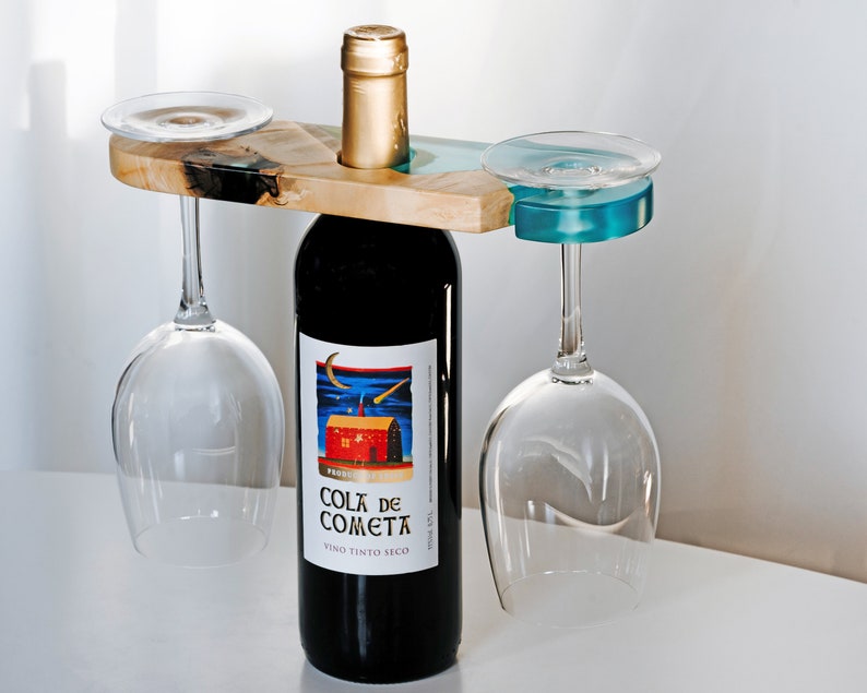 Epoxy Resin & Wood Wine Glass and Bottle Butler Caddy, Wooden Wine glasses Holder Personalised, Mr and Mrs Wedding gift image 2