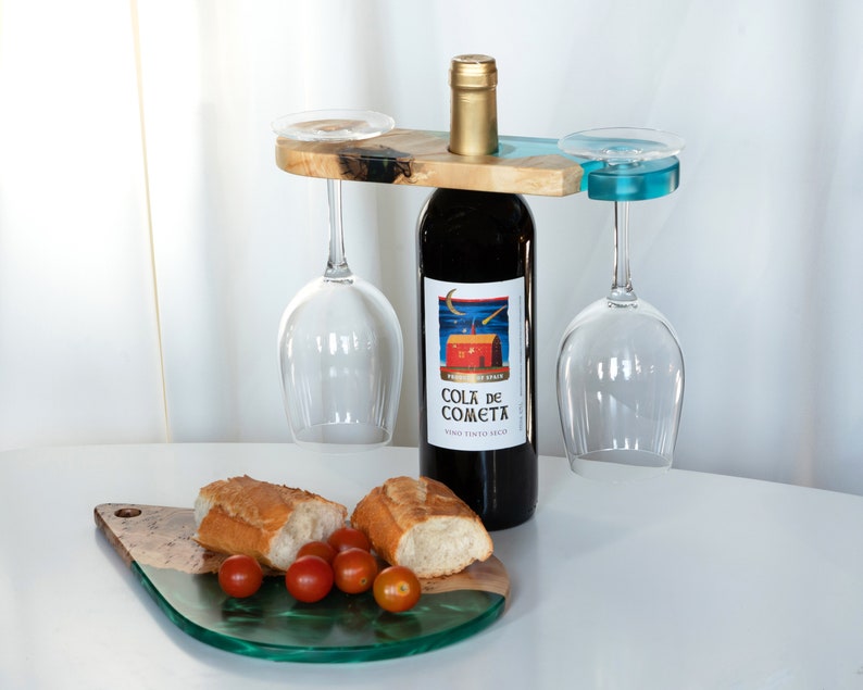 Epoxy Resin & Wood Wine Glass and Bottle Butler Caddy, Wooden Wine glasses Holder Personalised, Mr and Mrs Wedding gift image 3