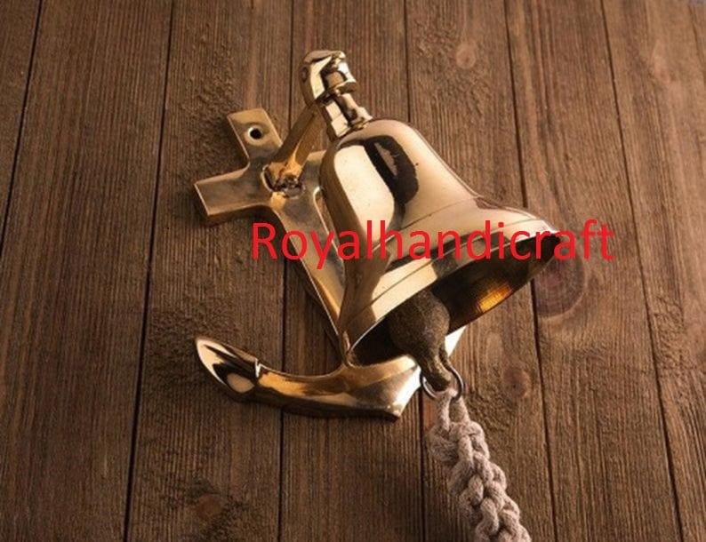 Antique Brass Anchor Ship Bell Nautical Rope Lanyard Pull Maritime Wall Decor