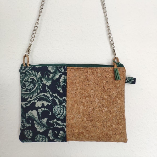 Small cross-body bag of cork and cotton fabric with metal chain, borsetta sughero, pochette sughero