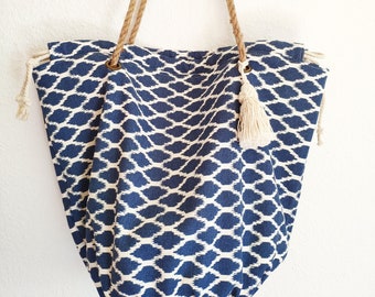 Blue bucket bag with jute handles, tote bag, cloth bag, jute bag