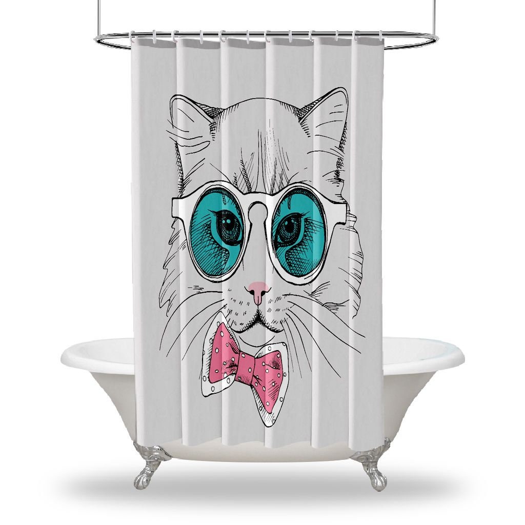 Cat Printed Showers Curtain / Waterproof Button Hole Shower Drapes For Your Bathtub Bathroom Decorations - Multiple Sized Cute Cat In Glasse